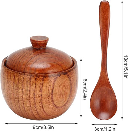 Wood Salt Cellar with Lid and Spoon, Wood Salt Container Box Small Spice Containers for Storing Seasonings, 3.5x2.4 Inches