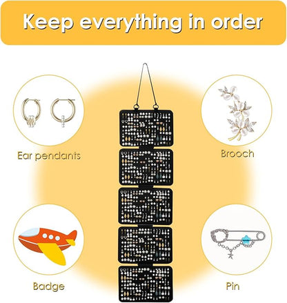 Hanging Enamel Pin Display Panel Felt Lapel Pin Board Foldable Enamel Pin Organizer Hanging Earring Organizer with 5 Loose-Leaf Board Pieces for Jewelry Pins (Black)
