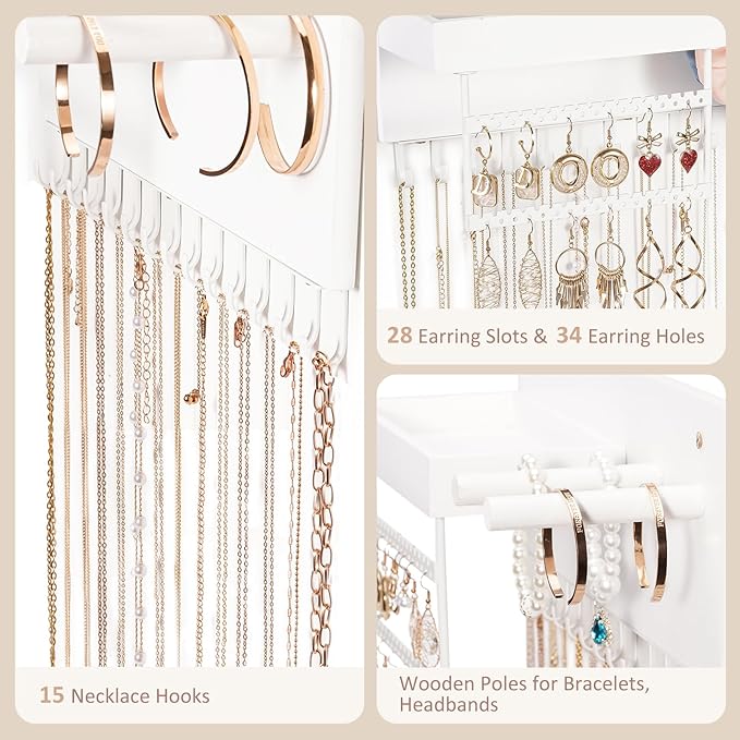 Lolalet Wall Mounted Hanging Jewelry Organizer, 15 Hooks Wooden Necklaces Holder with Storage Shelf, Easy Install Earrings Bracelets Hanger -White