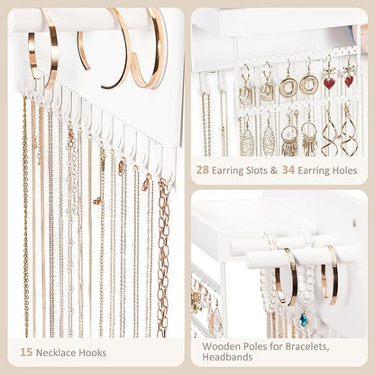 Lolalet Wall Mounted Hanging Jewelry Organizer, 15 Hooks Wooden Necklaces Holder with Storage Shelf, Easy Install Earrings Bracelets Hanger -White