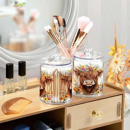4 Pack Qtip Holder Dispenser Adorable Highland Cow Florals Cotton Ball Swab Round Pads Floss Clear Bathroom Storage Containers Plastic Apothecary Jars with Lids