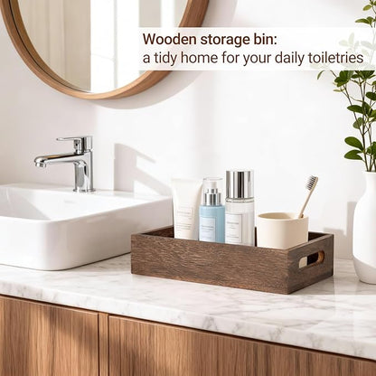 Mkono Bathroom Basket Wood Toilet Paper Storage Basket with Handle for Organizing, Farmhouse Tank Topper Tray, Rustic Home Decor for Shelf, Countertop, Bedroom, Livingroom, Kitchen, Brown