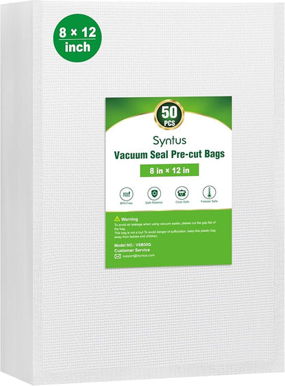 Syntus Vacuum Sealer Bags for Food, 50 Count Quart 8" x 12" Commercial Grade PreCut Bag, BPA Free Food Vac Bags for Storage, Meal Prep or Sous Vide