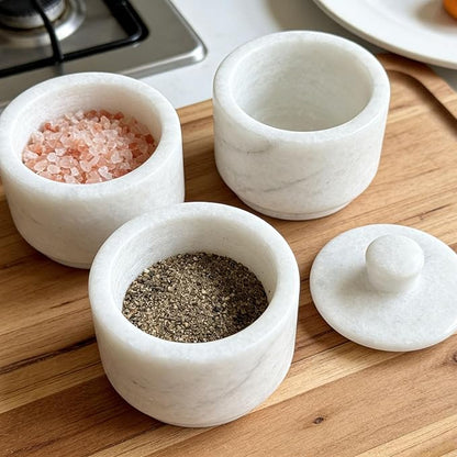 Marble Salt Cellar with Lid & Spoon White, 3-Inch Salt Jar, Kitchen Container for Spice, Marble Storage Box, Spice Jar for Counter, Easy Refill Cleaning