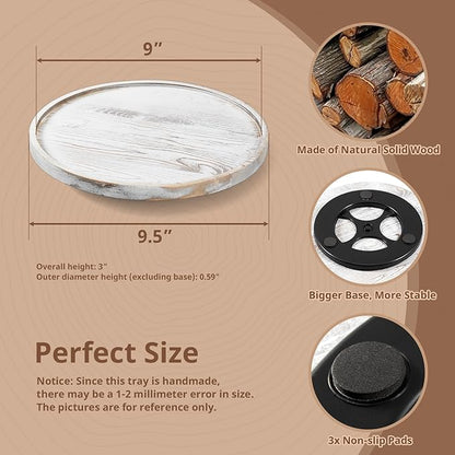 9" Wood Lazy Susan Turntable Organizer for Cabinet - Round Wooden Lazy Susan Organization and Storage for Pantry Table Kitchen Countertop Cupboard Coffee Bar Farmhouse Decor - White Washed Wood