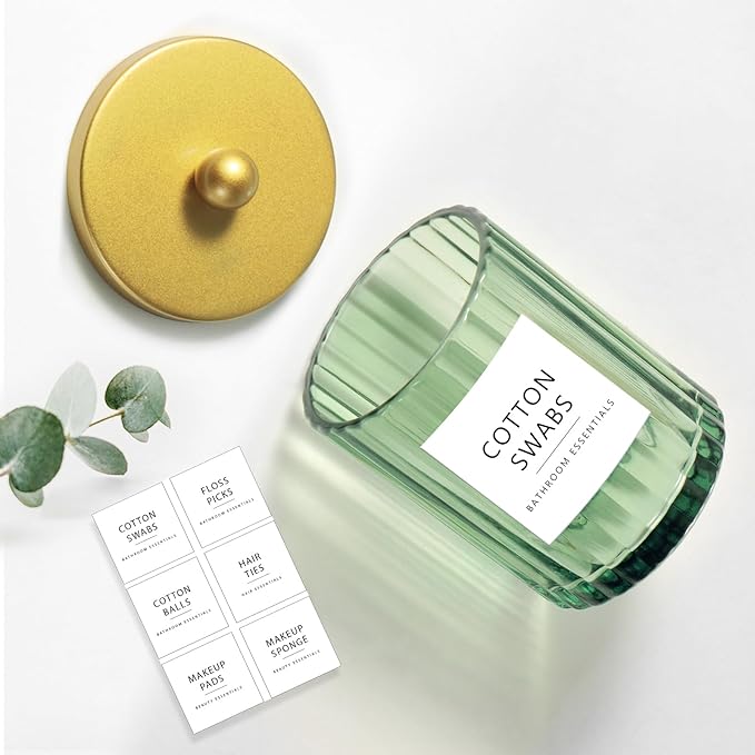 Amolliar Sage Green Glass Qtip Holder Dispenser, Bathroom Canister Apothecary Jar for Cotton Swabs, Cotton Balls, Round Pads, Floss Picks, Countertop Storage Organizer Container for Vanity,Gold 2 Pack