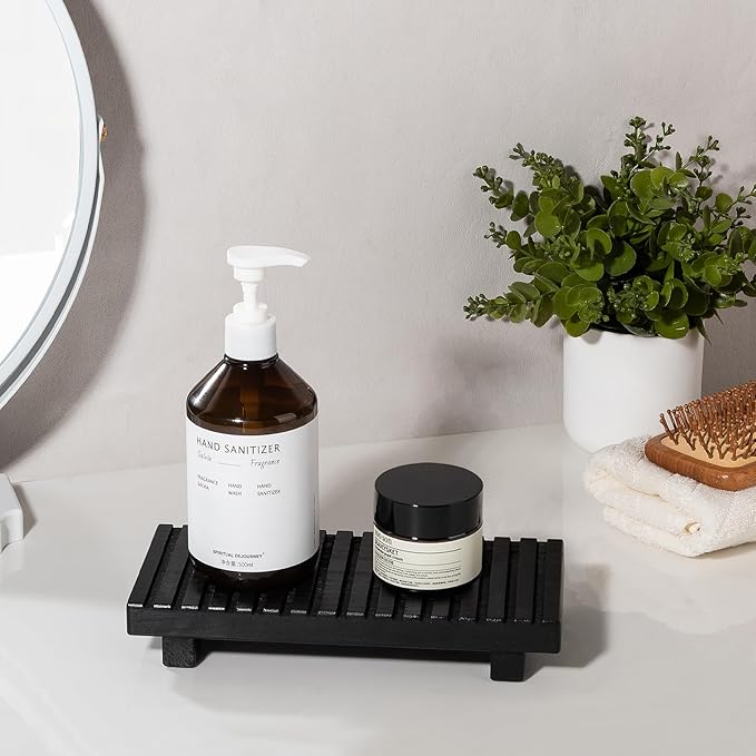 Bathroom Tray Rustic Farmhouse Bathroom Decor Wood Display Stand Riser Kitchen Soap Dish Holder for Vanity, Countertop, Sink, 10 * 4.5 Black