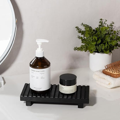 Bathroom Tray Rustic Farmhouse Bathroom Decor Wood Display Stand Riser Kitchen Soap Dish Holder for Vanity, Countertop, Sink, 10 * 4.5 Black