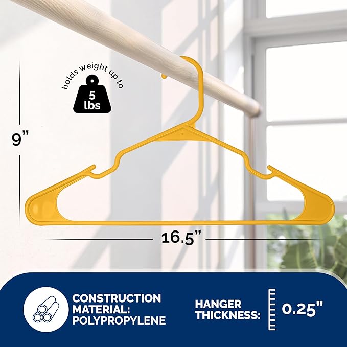 Closetselect Plastic Hangers 50 Pack - Space Saving Clothes Hangers, Made in USA, Durable & Strong Plastic Shirt & Coat Hanger with Notches & Shoulder Grooves, Non-Slip Hangers | Scoreboard Yellow