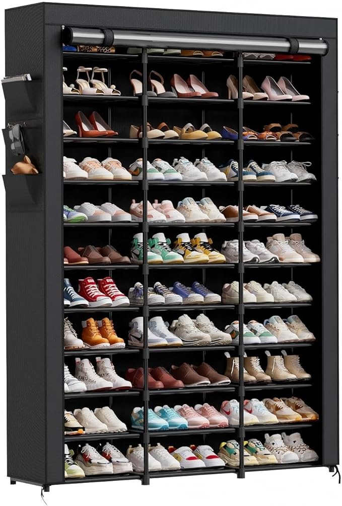 Ekisemio 12-Tier Tall Shoe Rack with Covers – Holds 72 Pairs, Large Capacity Vertical Shoe Organizer – Space-Saving Storage for Closet, Entryway, Bedroom