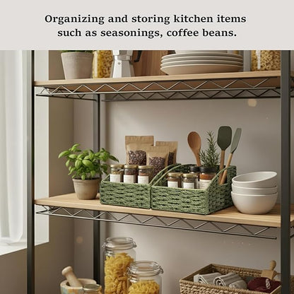 Storage Basket, 2 Pack Handwoven Round Paper Rope Pantry Baskets for Organizing with Handles, Iron Frame Support Baskets for Shelves,Trapezoid Wicker Basket for Home Decor, Green