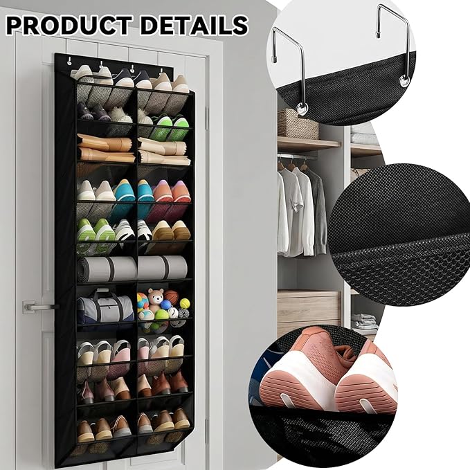 Over The Door Shoe Organizer Storage - Large Size Hanging Shoe Organizer Rack for Door Closet Holds 10 Tiers, Widened and Deep Pockets - Fit All The Family's Sneakers, Boots, Heels,Black