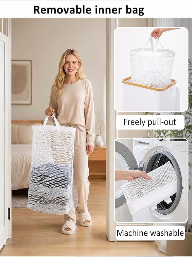 iEGrow 110L Laundry Hamper with Lid，Dirty Clothes Hampers for Laundry,Laundry Basket with Bamboo Handles and Removable Bag,Hamper for Bedroom, Bathroom, Dorm, Laundry Room, White