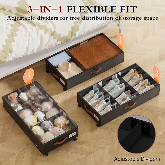 Yecaye Under Bed Storage with Wheels, 2 Pack Under Bed Storage Containers with Adjustable Dividers & Clear Window, Rolling Underbed Organizer Bins Drawers for Clothes, Shoes, Blankets, Black