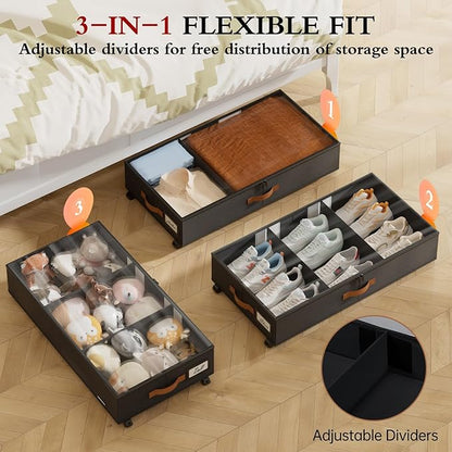 Yecaye Under Bed Storage with Wheels, 2 Pack Under Bed Storage Containers with Adjustable Dividers & Clear Window, Rolling Underbed Organizer Bins Drawers for Clothes, Shoes, Blankets, Black