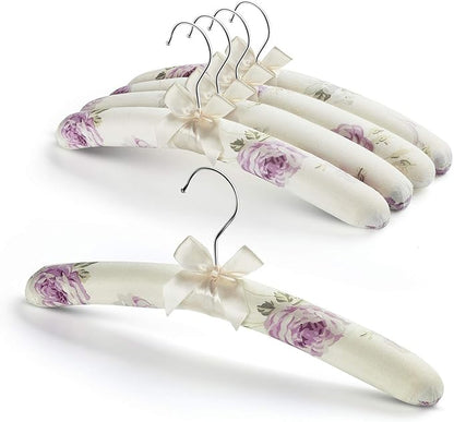 Satin Padded Hangers for Women Clothing - Floral Sweater Hangers No Bump - Padded Coat Hanger for Wedding - Thick Foam Silk Clothes Hanger for Adult (Pack of 5)