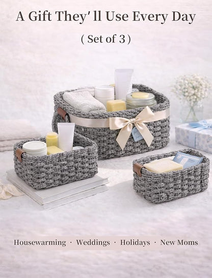 Storage Basket, Recycled Paper Rope Bathroom Basket Organizer, 3Pcs Small Baskets for Organizing, Mini wicker Basket for Decorative Storage Bins, Shelves, Bathroom, Cabinet - Grey