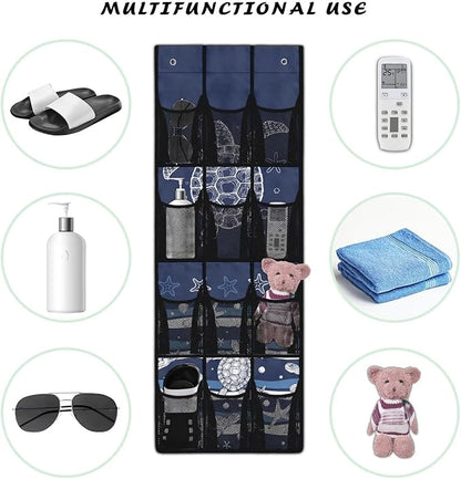 Over Door Hanging Organizer - 12 Reinforced Pockets for Diapers, Cleaning Supplies, Toys, Anti-Slip Metal Hooks,Sea Turtle