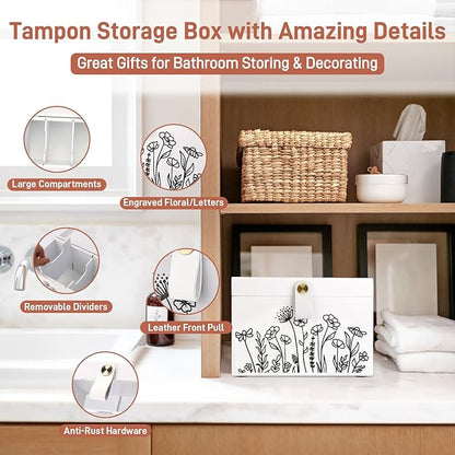 100% Solid Wood Tampon Holder Box with Lid, Copper Leather Pull, Absolute Real Wood Bathroom Decorative Box for Feminine Product Storage and Accessories such as Tampons, Cotton Balls, Gifts for Women