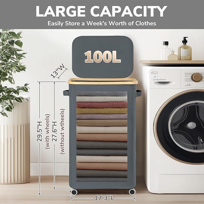 Goodpick Laundry Basket with Wheels, Large Rolling Laundry Hamper Slim Clothes Hampers with Removable Wash Bag Collapsible Dirty Clothes Basket with Lid, 100L, Gray