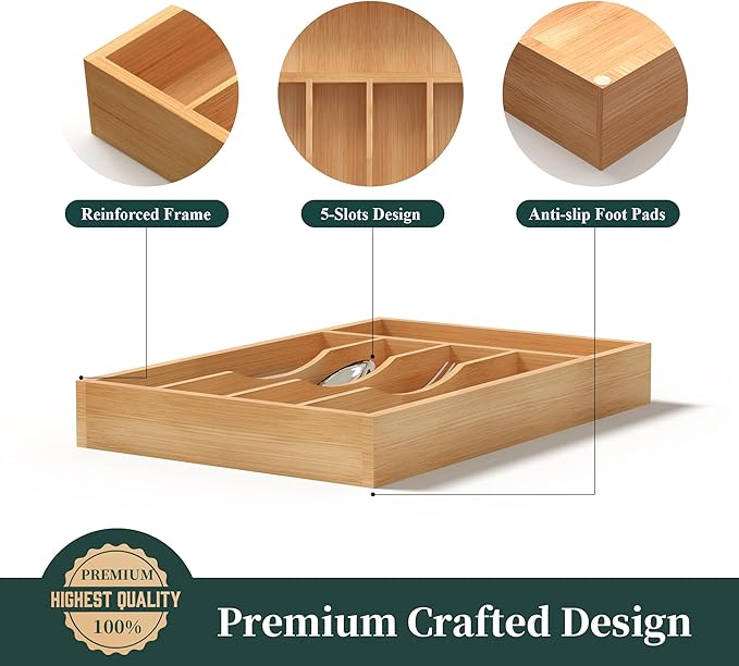 Silverware Organizer, Bamboo Kitchen Drawer Organizer, Utensil Holder, Cutlery Tray & Spoon Flatware Storage with Grooved Drawer Dividers (8.5''W x 13''D)