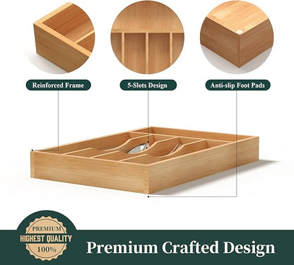 Silverware Organizer, Bamboo Kitchen Drawer Organizer, Utensil Holder, Cutlery Tray & Spoon Flatware Storage with Grooved Drawer Dividers (8.5''W x 13''D)