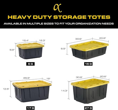 CX Black & Yellow 27-Gallon Heavy Duty Storage Bins with Lids, Stackable Plastic Storage Bins with Weather-Resistant Design, Home Organization, 4 Pack (14.3"H x 20.6"W x 30.6"D)