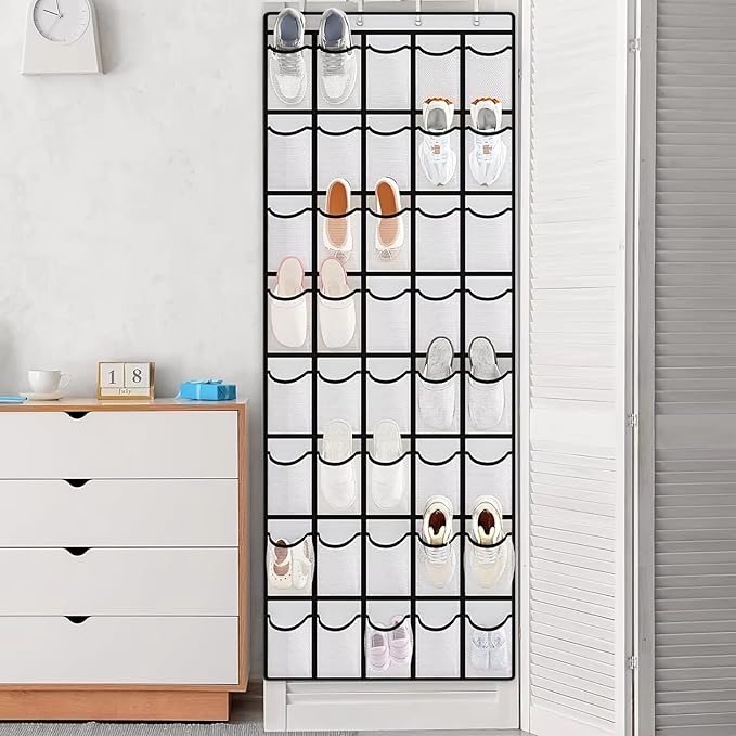 1pc 14/28/40-Grid Transparent Fabric Hanging Organizer Foldable Storage Bag for Shoes Underwear (Gray)