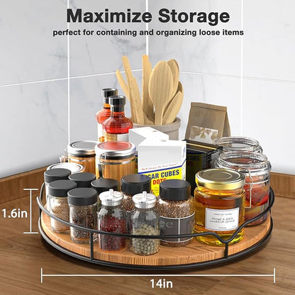 Lazy Susan Turntable Organizer for Cabinet Pantry Kitchen Countertop Refrigerator Cupboard, Pine Wood (Carbonized Black, 14“)