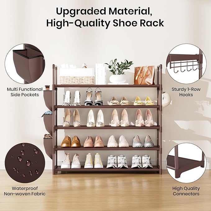 VILICK Shoe Rack for Closet Shoe Organizer Space Saver Storage for 20-25 Pair Shoe Shelf with Hook and Side Pocket Free Standing 5 Tier Shoe Rack Organizer for Entryway,Small Spaces, Brown