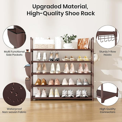VILICK Shoe Rack for Closet Shoe Organizer Space Saver Storage for 20-25 Pair Shoe Shelf with Hook and Side Pocket Free Standing 5 Tier Shoe Rack Organizer for Entryway,Small Spaces, Brown