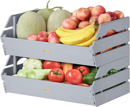 HABAU Potato Onion Storage Bin - Wood Stackable Produce Basket with Handles - Fruit and Vegetable Storage for Kitchen and Pantry Counter Organization - 2 Pack
