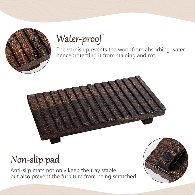 Bathroom Tray Rustic Farmhouse Bathroom Decor Wood Display Stand Riser Kitchen Soap Dish Holder for Vanity, Countertop, Sink, 10 * 4.5 Dark Brown