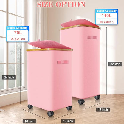 Laundry Hamper with Wheels,20 Gal (75L) Laundry Basket with lid Rolling Clothes Hamper Foldable Dirty Clothes Basket on wheels with Bamboo Frame and Bag for Bedroom, Dorm, Laundry Room-Pink