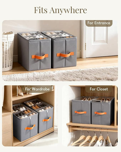 GLORIEROO Smell Proof Shoe Organizer for Closet - Adjustable Dividers & Clear Lid. Foldable Shoe Storage Box with Activated Carbon Lining for Gym Sneakers, Running Shoes & Boots