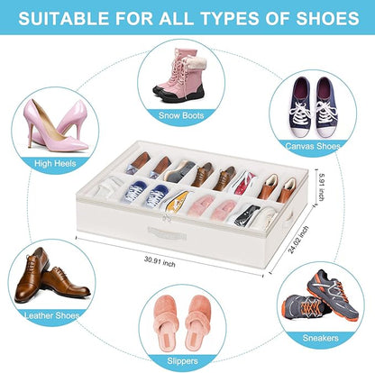 Under Bed Shoe Storage Organizer for Closet, 32 Pairs Sturdy Underbed Shoe Storage Boxes Bins Container Foldable Shoes Storage with Reinforced Handles & Clear Window for College Dorms Beige, Set of 2