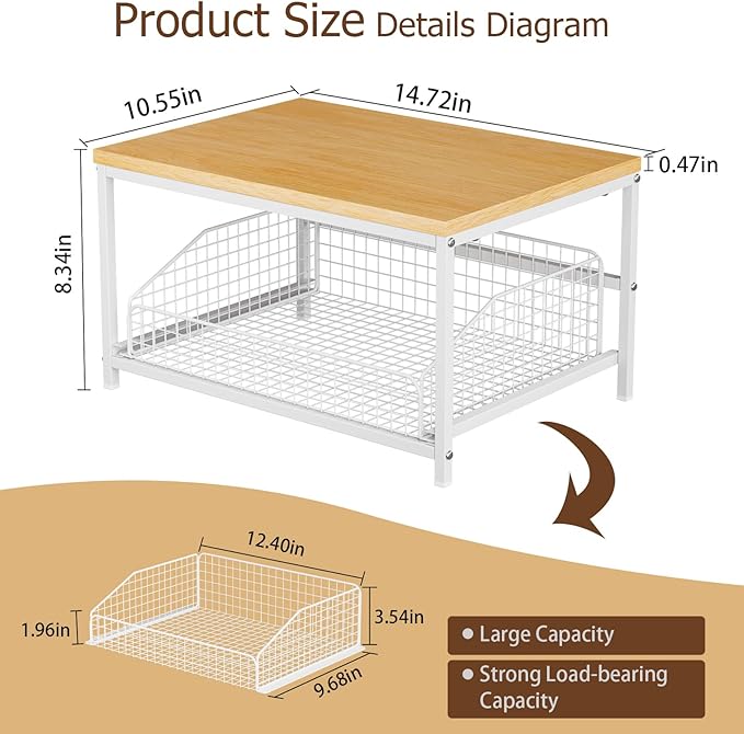 KLM Pull Out Spice Rack Organizer for Cabinet,Rustic Wood Top with Wire Basket Storage,Kitchen Countertop Organizer and Storage for Pantry, Counter top,Coffee Station Wood. (Natural)