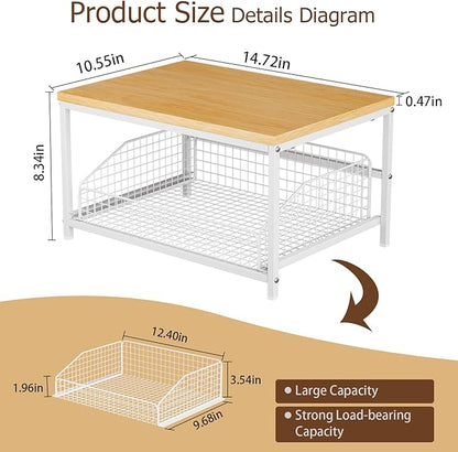 KLM Pull Out Spice Rack Organizer for Cabinet,Rustic Wood Top with Wire Basket Storage,Kitchen Countertop Organizer and Storage for Pantry, Counter top,Coffee Station Wood. (Natural)