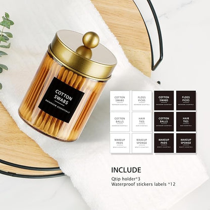 3 Pack Apothecary Jar Canisters Bathroom Vanity Organizer - Qtip Holder Storage Organizer Set Countertop Canister with Stainless Steel Lids &Cute Stickers for Qtips,Cotton Swabs,Makeup Sponges,Floss