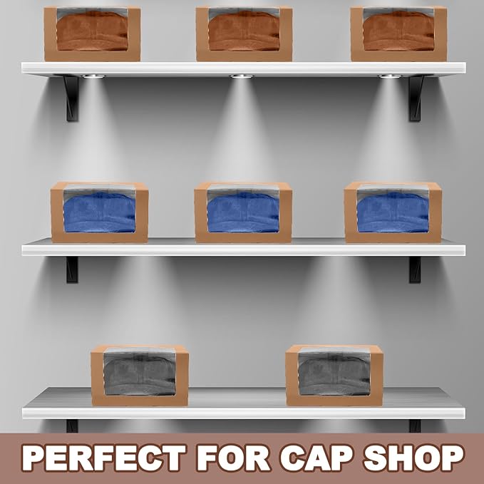 DoubleFill 50 Pcs Hat Boxes with Clear Window, Foldable Gift Boxes for Baseball Caps, Storage, Display and Shipping (Brown)