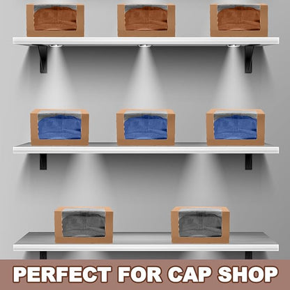 DoubleFill 50 Pcs Hat Boxes with Clear Window, Foldable Gift Boxes for Baseball Caps, Storage, Display and Shipping (Brown)
