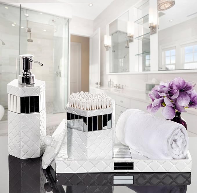 Creative Scents Quilted Mirror Vanity Trays for Bathroom – Decorative Cosmetics Organizer - Durable Resin -Bathroom Tray for Arranging Perfume/Jewelry/Makeup - Elegant Bathroom Accessories (White)
