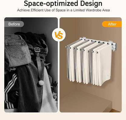 Pull Out Trousers Rack 9 Arms Closet Pants Hanger Bar Stainless Steel Rail Extendable Trousers Hanger for Clothes Towel Scarf Tie, 18.11x12.83in (Right Installation)