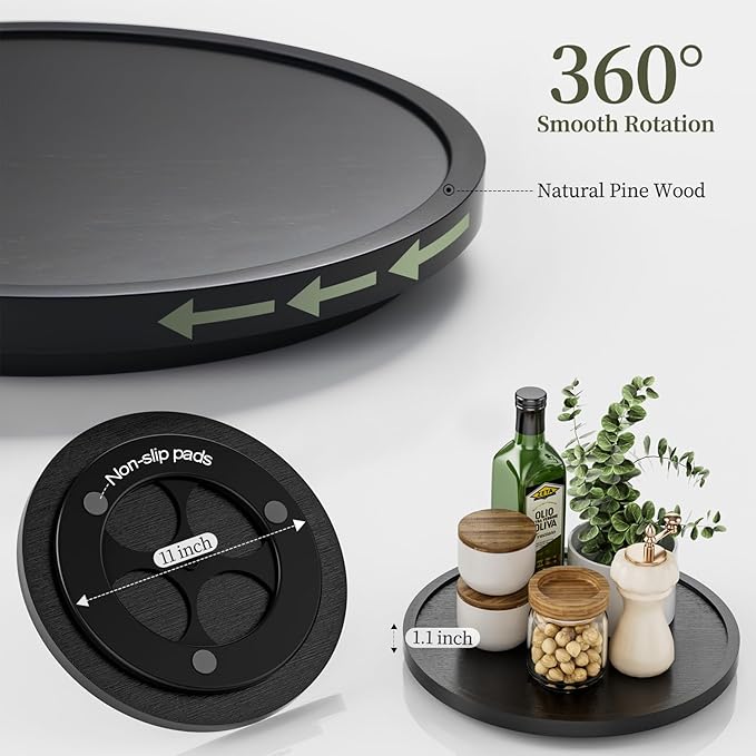 LAMU 11'' Wood Lazy Susan Organizer Turntable for Cabinet, Lazy Susan for Table Top, Pantry, Kitchen, Bathroom, Countertop, Rotating Spice Organizer, Vanity Decor Tray, Pine Wood, Black