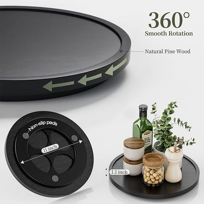 LAMU 11'' Wood Lazy Susan Organizer Turntable for Cabinet, Lazy Susan for Table Top, Pantry, Kitchen, Bathroom, Countertop, Rotating Spice Organizer, Vanity Decor Tray, Pine Wood, Black
