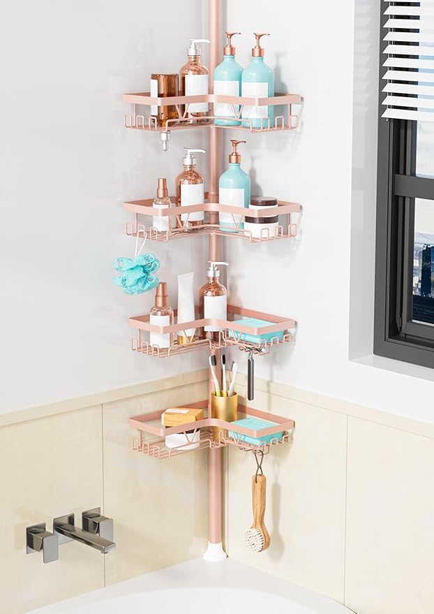 KEGII Corner Shower Caddy Tension Pole - 4-Tier Rustproof Bathroom Organizer, Floor to Ceiling Shower Caddy 25-114.2 inch, No Drilling Shower Storage Rack for Shampoo, Towels (Blush Nude)