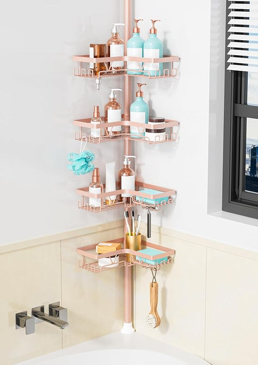 KEGII Corner Shower Caddy Tension Pole - 4-Tier Rustproof Bathroom Organizer, Floor to Ceiling Shower Caddy 25-114.2 inch, No Drilling Shower Storage Rack for Shampoo, Towels (Blush Nude)