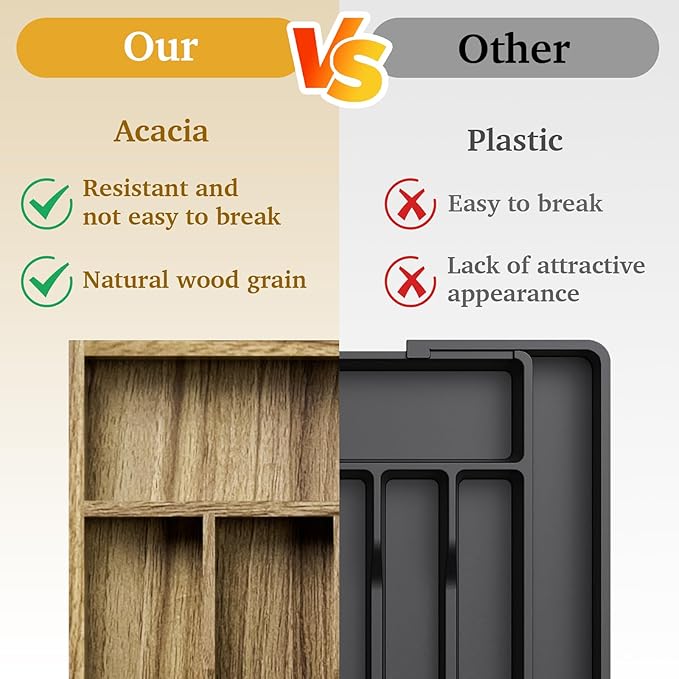 Kiasthome Acacia Wood Silverware Drawer Organizer, Kitchen Utensil Cutlery Drawer Organizer with Grooved Dividers, Flatware Organizer Silverware Tray Holder for Spoon, Fork, 11''x13.8'' (5 Slots)