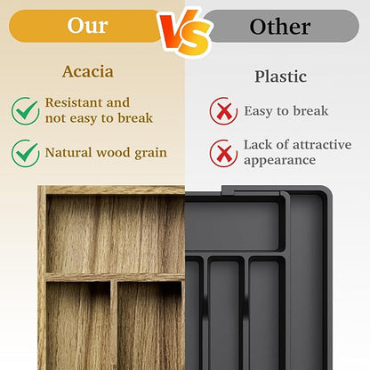 Kiasthome Acacia Wood Silverware Drawer Organizer, Kitchen Utensil Cutlery Drawer Organizer with Grooved Dividers, Flatware Organizer Silverware Tray Holder for Spoon, Fork, 11''x13.8'' (5 Slots)