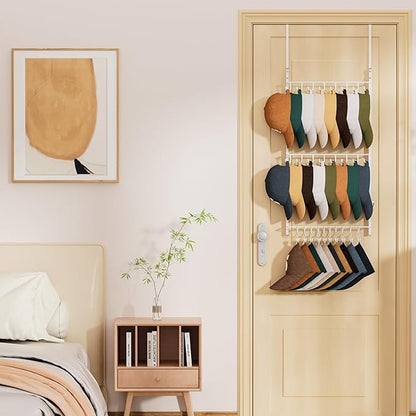HapiRm Over Door Hat Rack - 3 Tier Wall Mounted Hat Organizer with 16 Hooks and 10 Movable Clips, Baseball Cap Organizer Storage Holds up to 26 Caps for Door, Bedroom, Closet USPTO Patent Pending